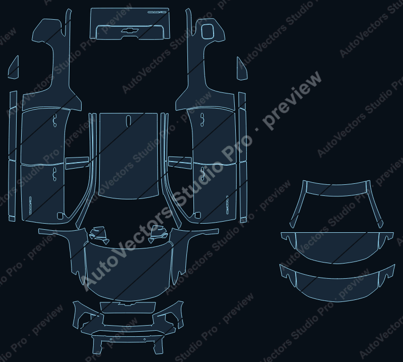 Chevrolet Silverado EV LT Extended Range 2025 precut PPF pattern – watermarked preview from the cutting software