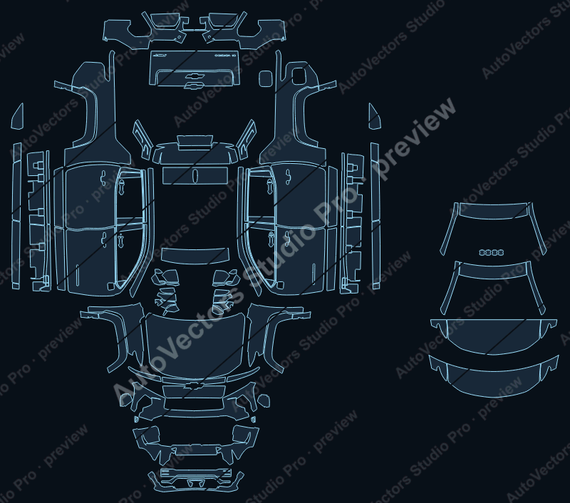 Chevrolet Silverado EV RST 2024 precut PPF pattern – watermarked preview from the cutting software