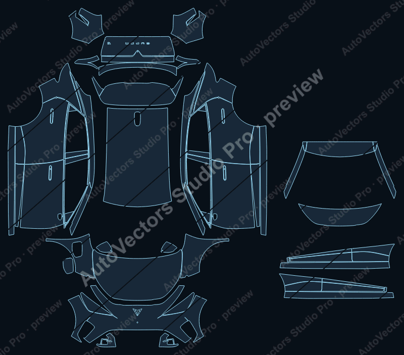 Cupra Raval VZ Extreme 2026 hatchback precut PPF pattern – watermarked preview from the cutting software