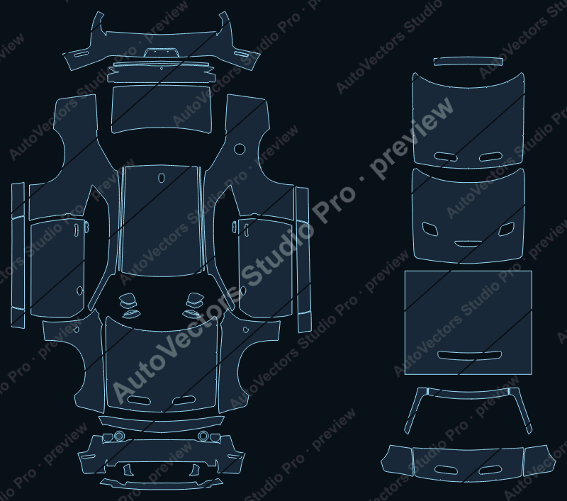 Dodge Challenger SRT Hellcat Redeye 2019 coupe precut PPF pattern – watermarked preview from the cutting software