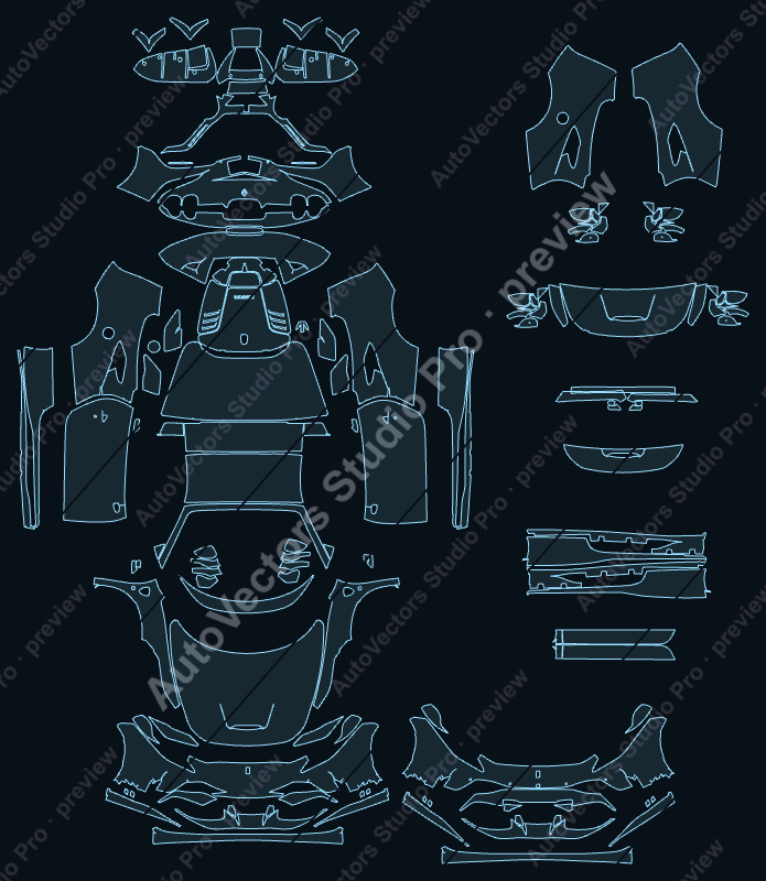 Ferrari F8 F142MFL 2020 spider precut PPF pattern – watermarked preview from the cutting software