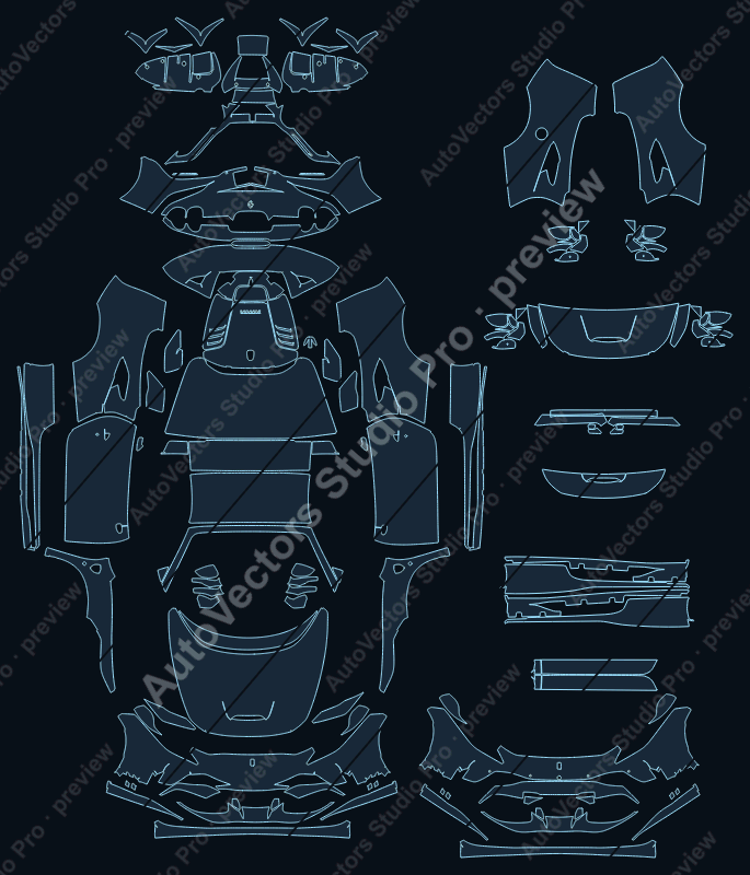 Ferrari F8 F142MFL Carbon 2020 spider precut PPF pattern – watermarked preview from the cutting software