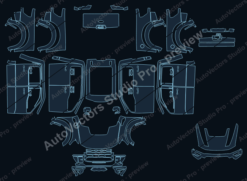Ford F-150 P702 Raptor R Facelift 2024 pickup precut PPF pattern – watermarked preview from the cutting software