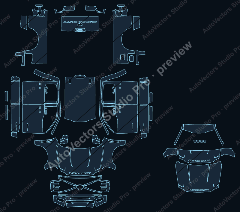 Ford F-250 Lariat Crew Cab 2023 precut PPF pattern – watermarked preview from the cutting software