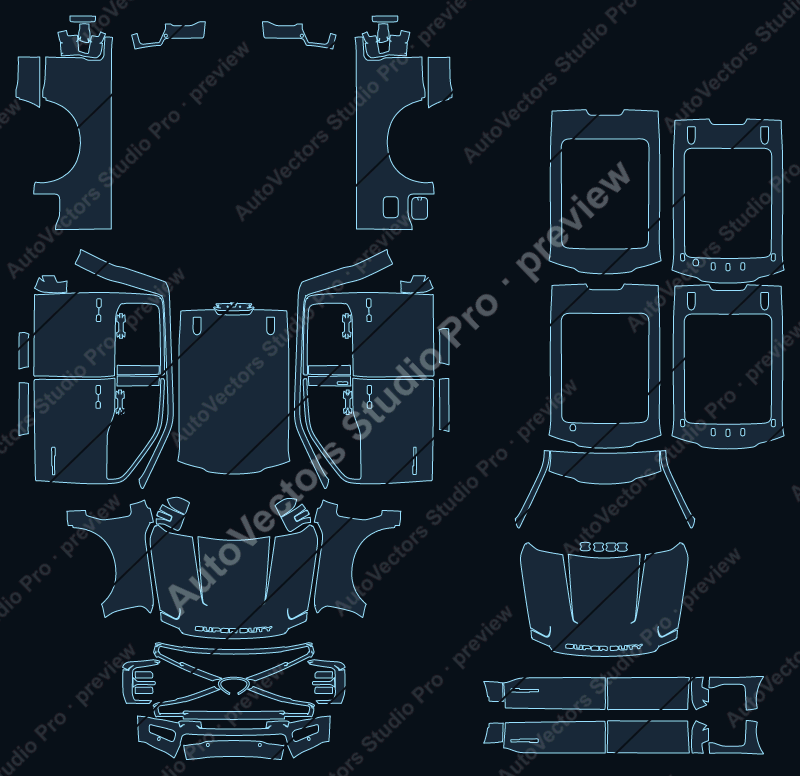 Ford F-350 Platinum Crew Cab 2023 precut PPF pattern – watermarked preview from the cutting software