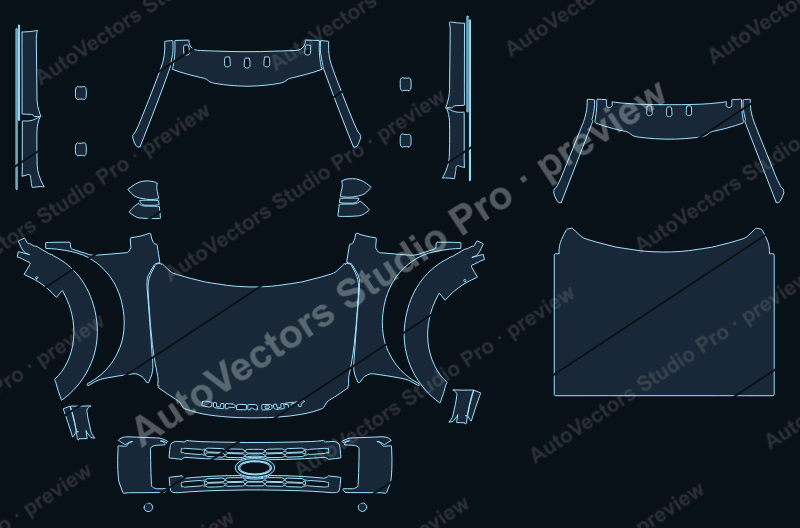 Ford F-550 XLT 2023 precut PPF pattern – watermarked preview from the cutting software