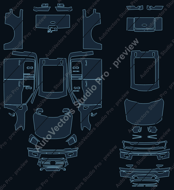 Ford F150 Lightning Lariat 2025 precut PPF pattern – watermarked preview from the cutting software