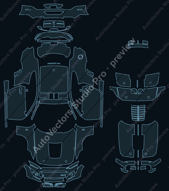 Ford Mustang Shelby GT500 2020 coupe precut PPF pattern – watermarked preview from the cutting software