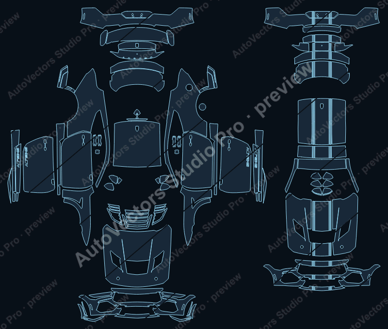 Ford Mustang Shelby Super Snake 2024 fastback precut PPF pattern – watermarked preview from the cutting software