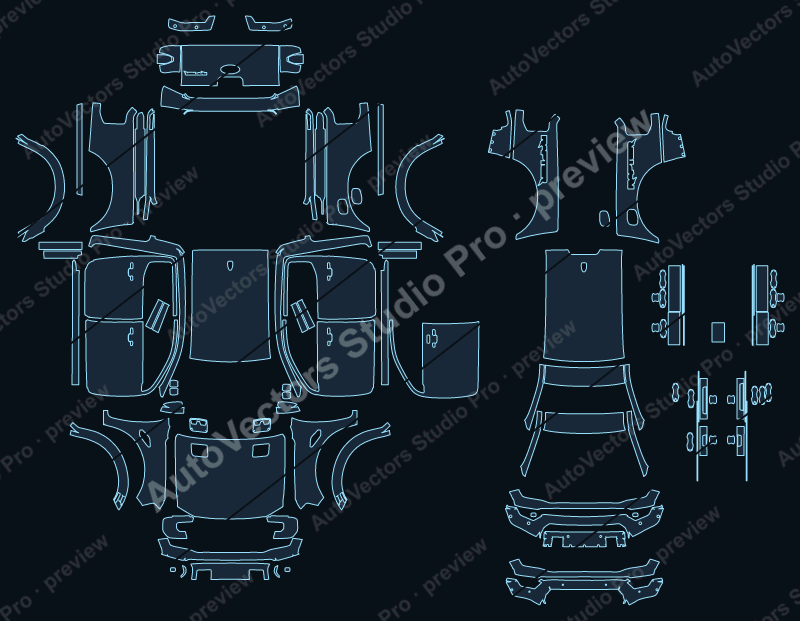 Ford Ranger Raptor 2023 precut PPF pattern – watermarked preview from the cutting software