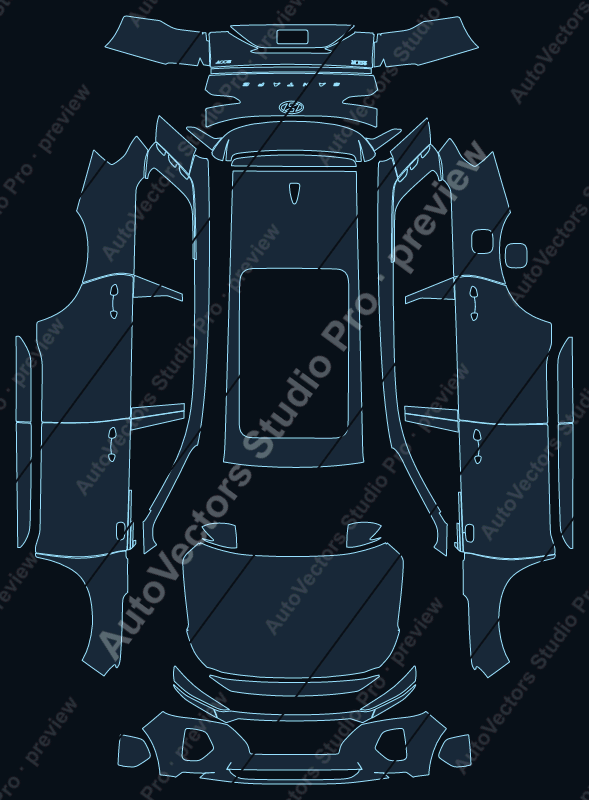 Hyundai Santa Fe Base 2019 precut PPF pattern – watermarked preview from the cutting software