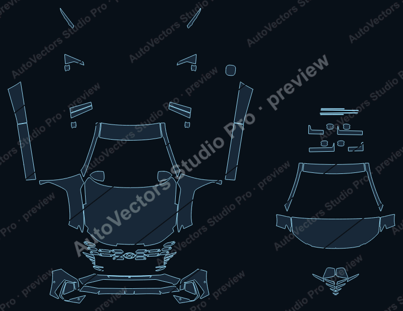 Hyundai Tucson Base NX4 2025 SUV front kit precut PPF pattern – watermarked preview from the cutting software