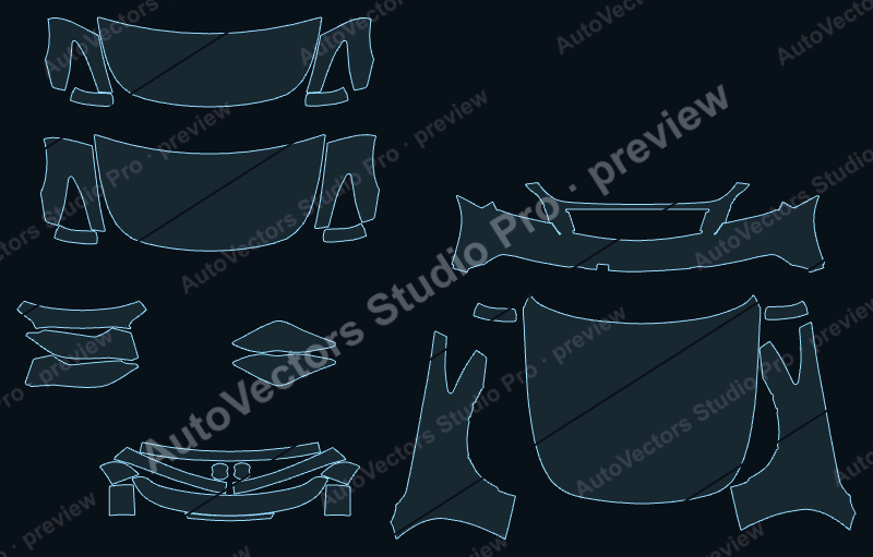 Infiniti G37 Anniversary Ed. 2010 2-door front kit precut PPF pattern – watermarked preview from the cutting software