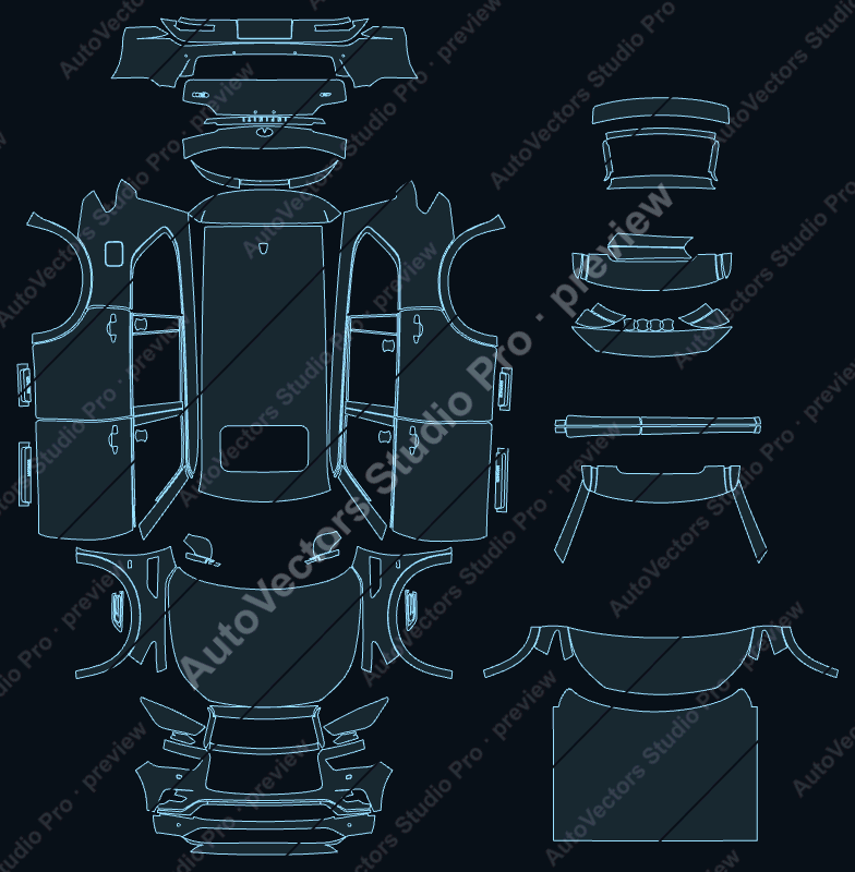 Infiniti QX80 Z62 Luxe Facelift 2018 SUV precut PPF pattern – watermarked preview from the cutting software