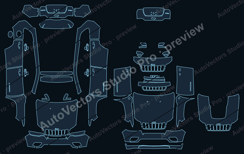 Jeep Cherokee 2019 precut PPF pattern – watermarked preview from the cutting software