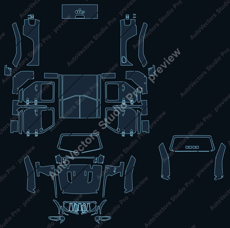 Jeep Gladiator Rubicon X 2024 precut PPF pattern – watermarked preview from the cutting software