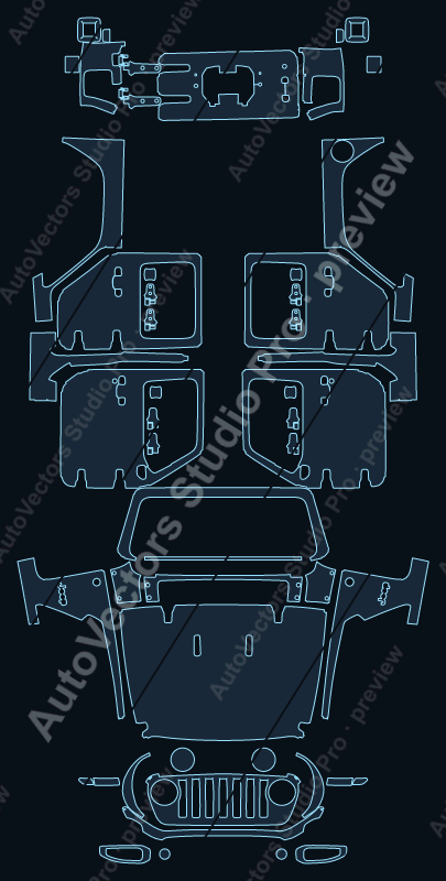 Jeep Wrangler Sport 2024 4-door precut PPF pattern – watermarked preview from the cutting software