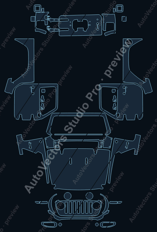 Jeep Wrangler Sport 2024 2-door precut PPF pattern – watermarked preview from the cutting software