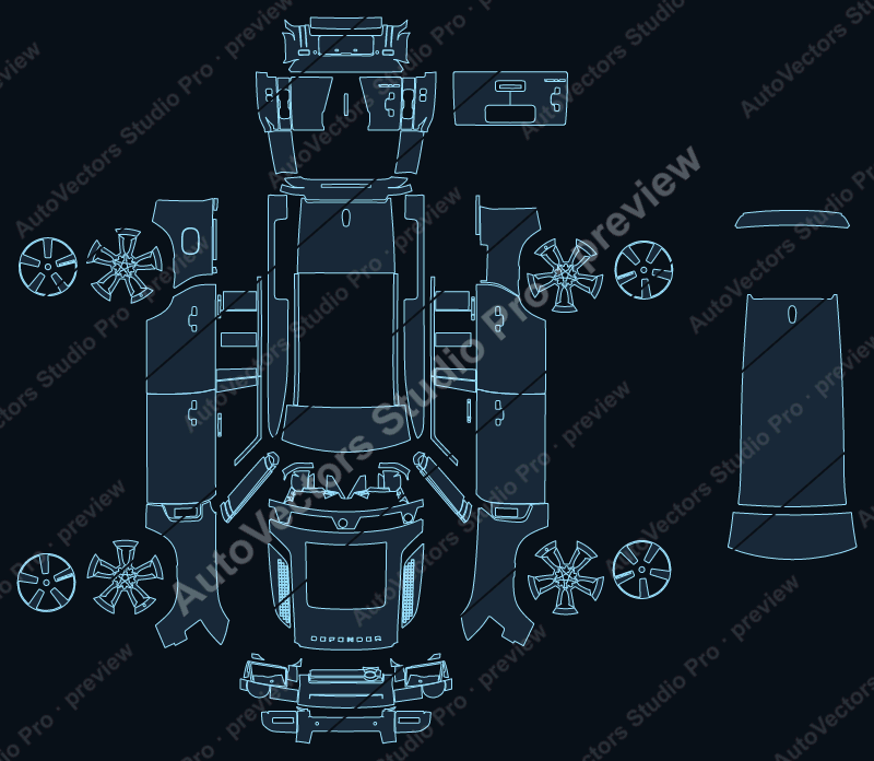 Land Rover Defender 110 Explorer Pack S 2026 precut PPF pattern – watermarked preview from the cutting software