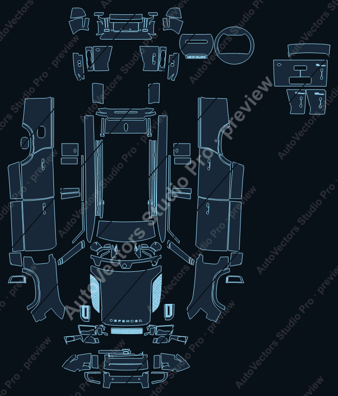 Land Rover Defender 130 2023 precut PPF pattern – watermarked preview from the cutting software