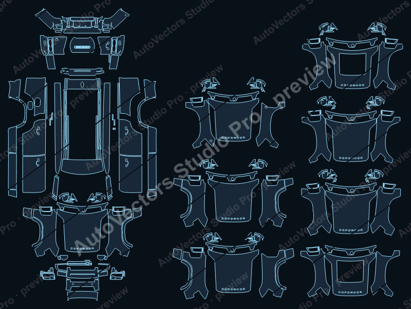 Land Rover Defender 130 Outbound 2024 precut PPF pattern – watermarked preview from the cutting software