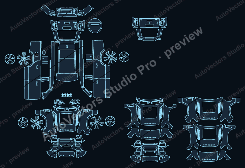 Land Rover Defender 130 X-Dynamic 2026 precut PPF pattern – watermarked preview from the cutting software