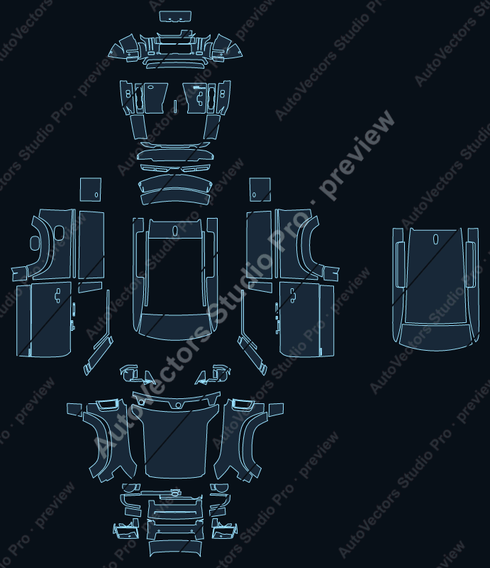 Land Rover Defender 90 Urban 2021 precut PPF pattern – watermarked preview from the cutting software