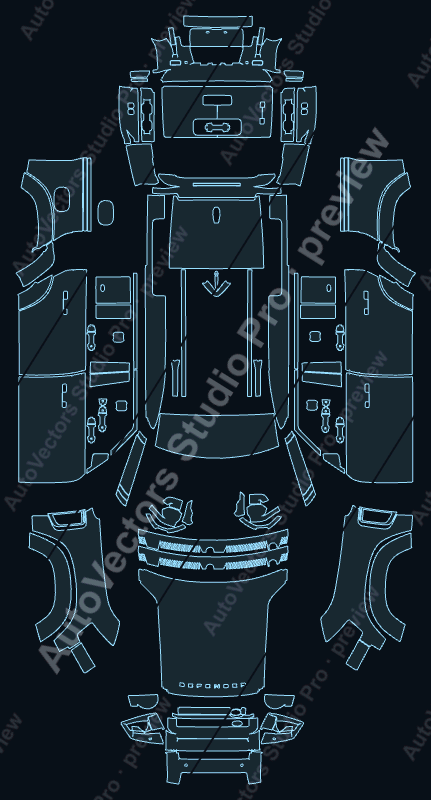 Land Rover Defender Base Explorer-Country Pack 2020 precut PPF pattern – watermarked preview from the cutting software