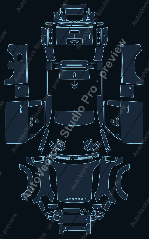 Land Rover Defender Base ExplorerPack 90 2020 precut PPF pattern – watermarked preview from the cutting software