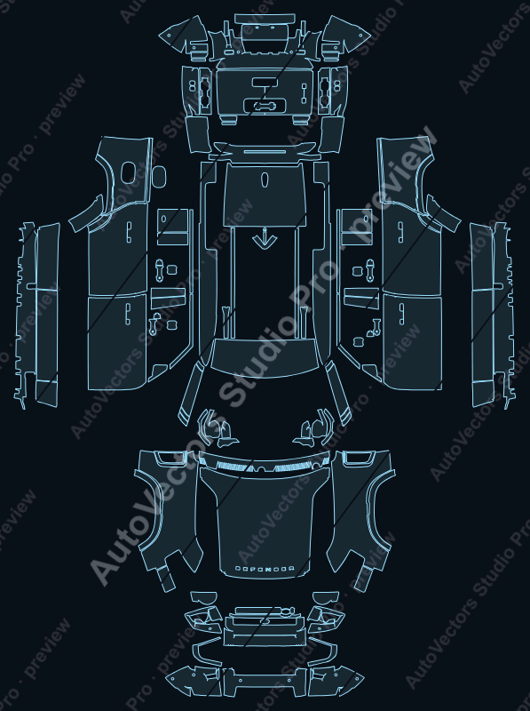 Land Rover Defender X-X-Dynamic 110 2020 precut PPF pattern – watermarked preview from the cutting software