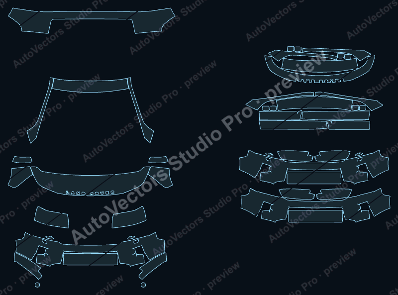 Land Rover LR2 HSE Lux-HSE-Base 2010 precut PPF pattern – watermarked preview from the cutting software