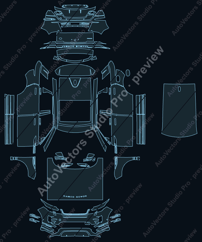 Land Rover Range Rover Evoque R-Dynamic SE 2020 precut PPF pattern – watermarked preview from the cutting software