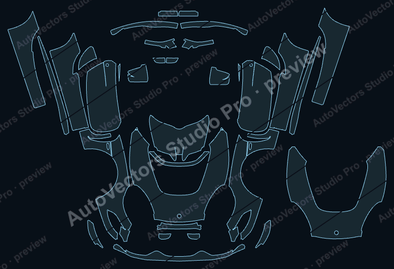 Lotus Exige 410 Sport 2018 front kit precut PPF pattern – watermarked preview from the cutting software
