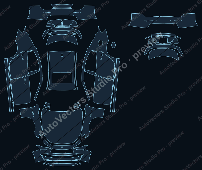 Maserati Ghibli GT 2022 precut PPF pattern – watermarked preview from the cutting software