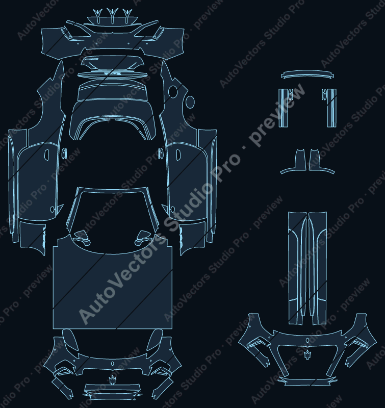 Maserati GranCabrio Trofeo 2025 precut PPF pattern – watermarked preview from the cutting software