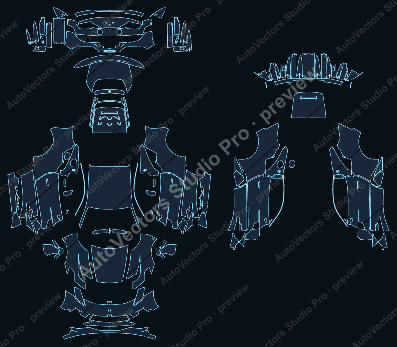 Maserati MC20 Base 2023 precut PPF pattern – watermarked preview from the cutting software