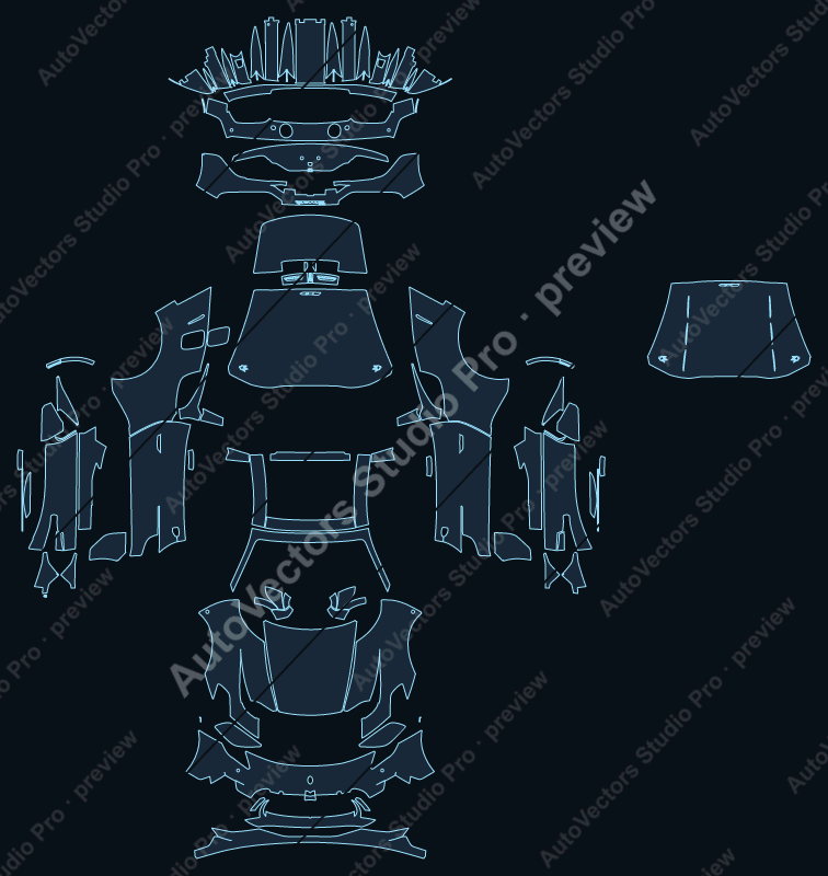 Maserati MC20 Cielo 2024 precut PPF pattern – watermarked preview from the cutting software