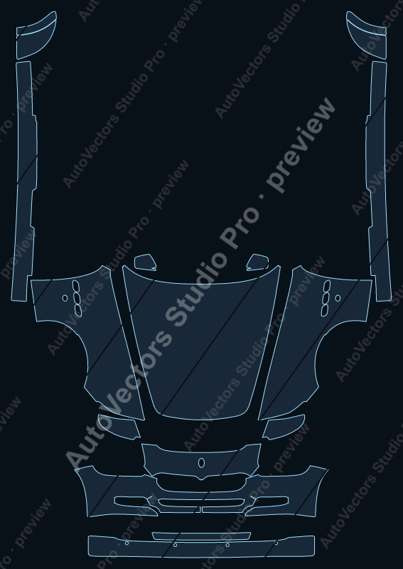 Maserati Quattroporte Base 2009 front kit precut PPF pattern – watermarked preview from the cutting software