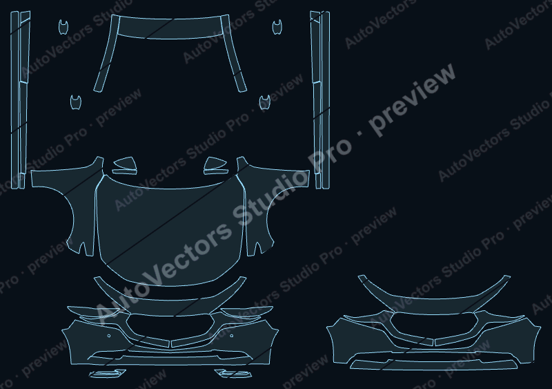 Mazda 3 Centre-Line 2023 front kit precut PPF pattern – watermarked preview from the cutting software