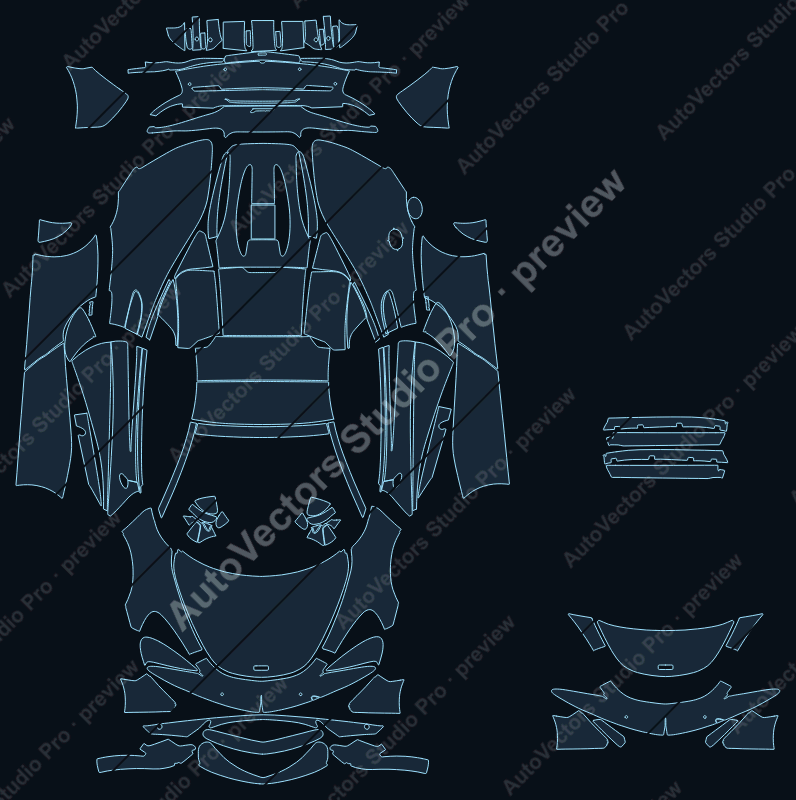 McLaren 570S 2016 precut PPF pattern – watermarked preview from the cutting software