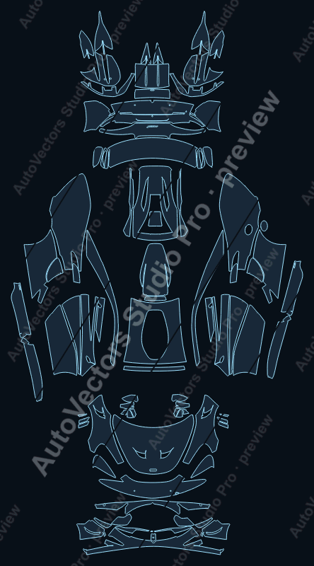 McLaren 620R 2020 coupe precut PPF pattern – watermarked preview from the cutting software