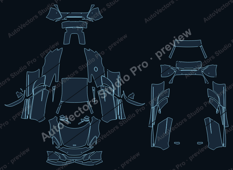 McLaren 650S 2014 coupe precut PPF pattern – watermarked preview from the cutting software
