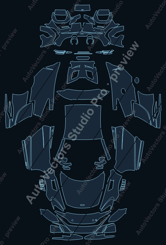 McLaren 675LT 2015 coupe precut PPF pattern – watermarked preview from the cutting software