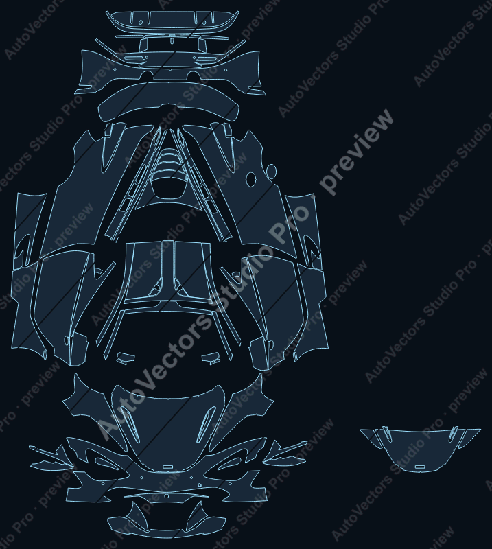McLaren 720S 2017 coupe precut PPF pattern – watermarked preview from the cutting software