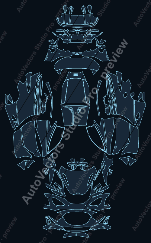 McLaren 750S 2024 coupe precut PPF pattern – watermarked preview from the cutting software