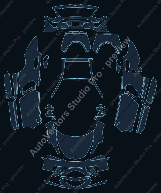 McLaren GTS Base 2024 precut PPF pattern – watermarked preview from the cutting software