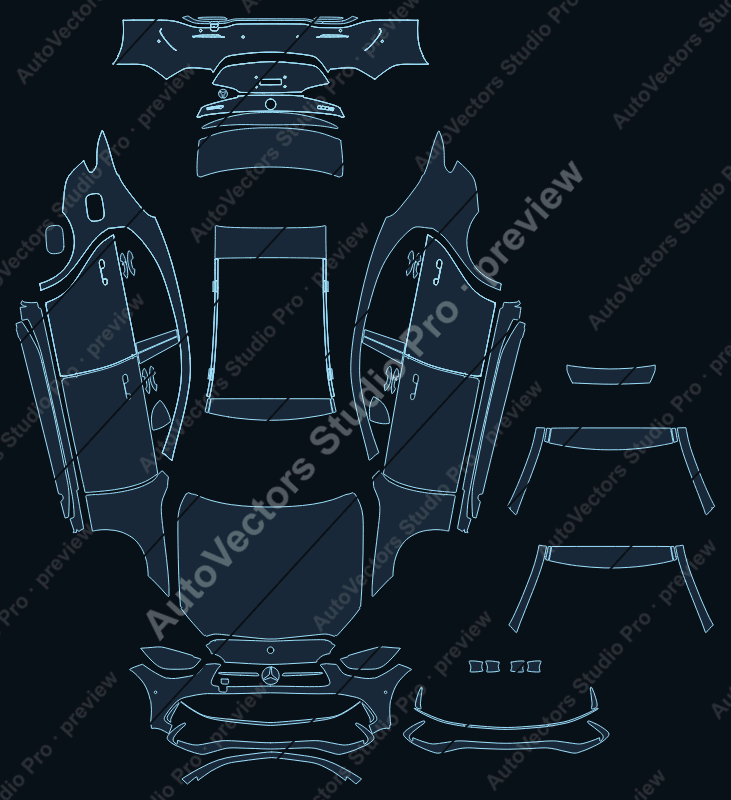 Mercedes-Benz C-Class AMG Line Limousine 2022 precut PPF pattern – watermarked preview from the cutting software