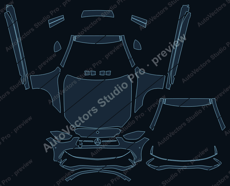 Mercedes-Benz C-Class AMG Line Limousine 2022 front kit precut PPF pattern – watermarked preview from the cutting software