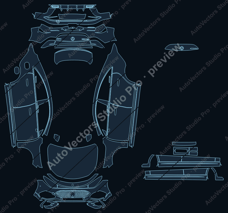 Mercedes-Benz CLA AMG Line C178 2025 4-door precut PPF pattern – watermarked preview from the cutting software