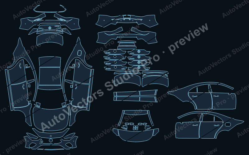 Mercedes-Benz CLA Base C118 2024 coupe precut PPF pattern – watermarked preview from the cutting software